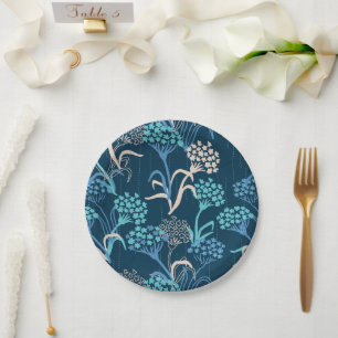 Assiettes En Carton Modèle Floral Hydrangea stylisé - Bleu élégant