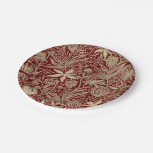 Assiettes En Carton Modèle floral laqué or sur rouge profond