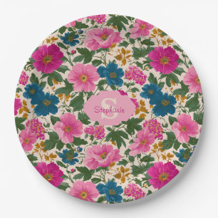 Assiettes En Carton Modèle floral Vintage rustique bleu et rose
