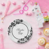 Assiettes En Carton Modèle moderne noir dentelle blanc Damas (Fête)