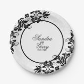 Assiettes En Carton Modèle moderne noir dentelle blanc Damas (Devant)