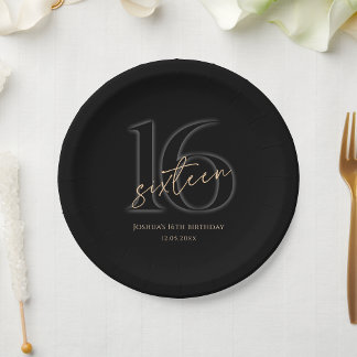 Assiettes En Carton Modern Black Gold 16th Birthday Party Paper Plates