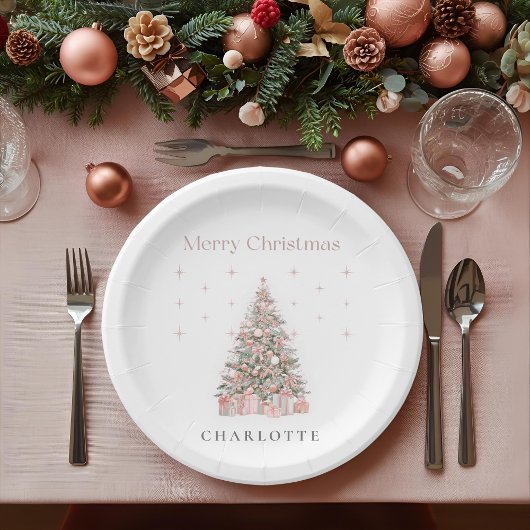 Assiettes En Carton Modern Blush Christmas Tree Personalized Holiday 