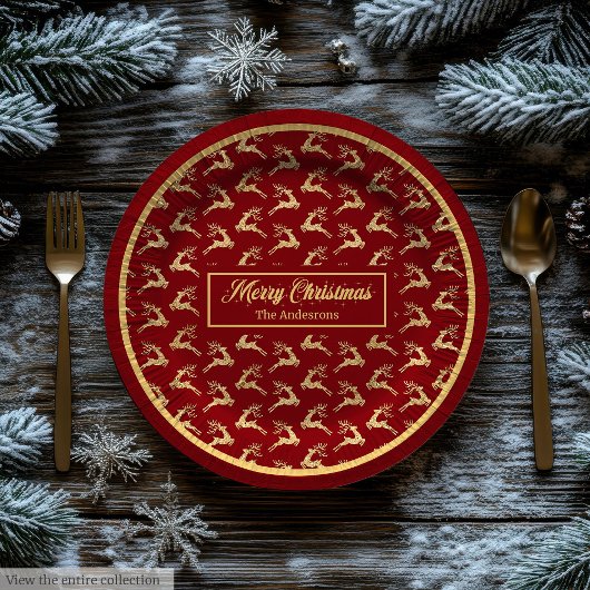 Assiettes En Carton Modern Christmas Paper Plates Red & Gold Reindeer