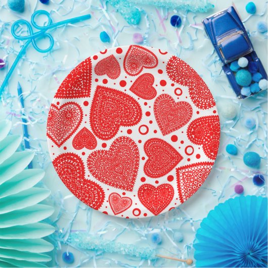 Assiettes En Carton Modern Fancy Red Graphic Hearts Pattern (Fête)
