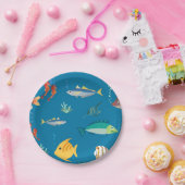 Assiettes En Carton Modern Fish and Seahorse illustrated Pattern Blue (Fête)