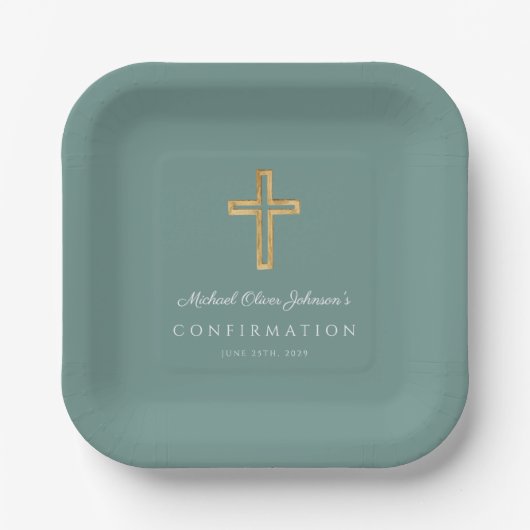 Assiettes En Carton Modern Green Religious Cross Boy Confirmation (Recto)