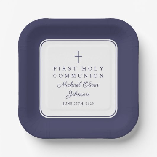 Assiettes En Carton Modern Navy Blue Cross Boy First Communion (Recto)