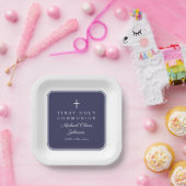 Assiettes En Carton Modern Navy Blue Cross Boy First Communion (Fête)