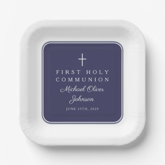 Assiettes En Carton Modern Navy Blue Cross Boy First Communion (Recto)