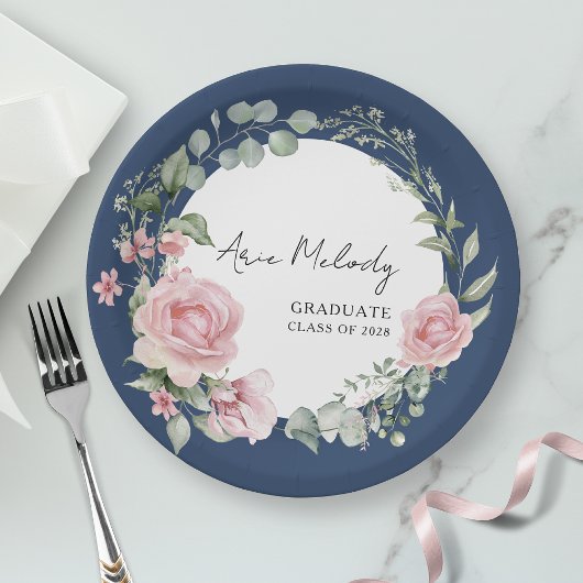 Assiettes En Carton Modern Pink Roses Script Class of Graduation
