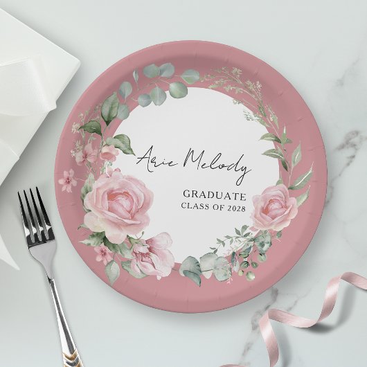 Assiettes En Carton Modern Pink Roses Script Class of Graduation