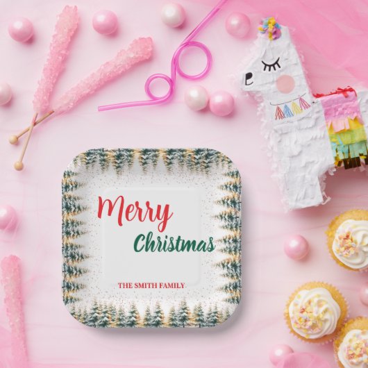 Assiettes En Carton Modern Script Christmas Xmas winter pine tree fore (Fête)