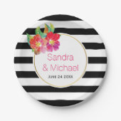 Assiettes En Carton Moderne, aquarelle fleur & rayures mariage florale (Devant)