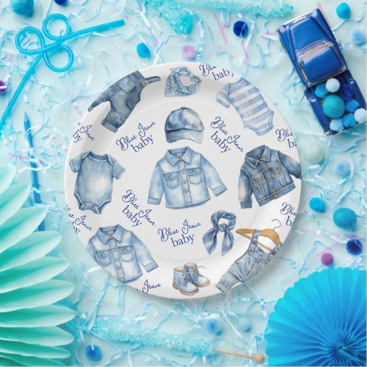 Assiettes En Carton Moderne Bleu Jean Bébé Denim Baby shower à thème (Fête)