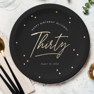 Assiettes En Carton Moderne calligraphie noire et or pour 30 ans