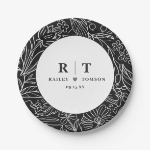 Assiettes En Carton Moderne Chic Fleurs Noires Élégante Fête