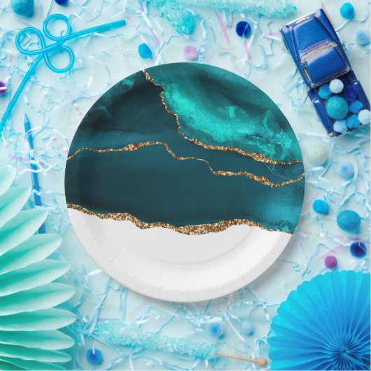 Assiettes En Carton Moderne Design Turquoise & Or Agate sur blanc (Fête)