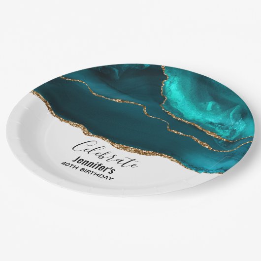 Assiettes En Carton Moderne Design Turquoise & Or Agate sur Blanc Anni (Angle)