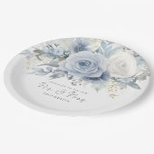 Assiettes En Carton Moderne Dusty Blue Florals Félicitations M. Mme Ma (Angle)