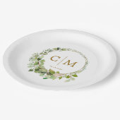 Assiettes En Carton Moderne, élégant monogramme, mariage eucalyptus (Angle)