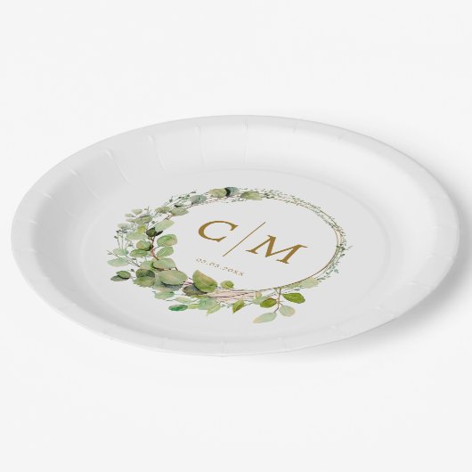 Assiettes En Carton Moderne, élégant monogramme, mariage eucalyptus (Angle)