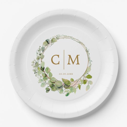 Assiettes En Carton Moderne, élégant monogramme, mariage eucalyptus (Devant)
