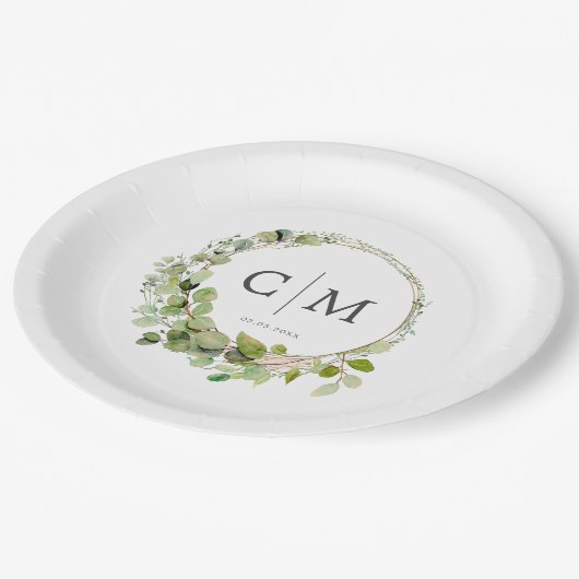Assiettes En Carton Moderne, élégant monogramme, mariage eucalyptus (Angle)