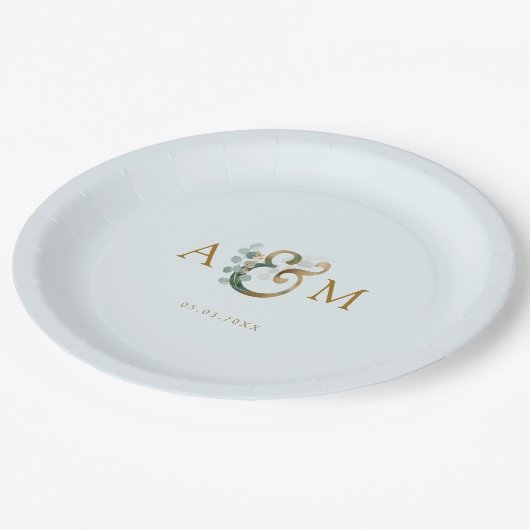 Assiettes En Carton Moderne et élégant mariage à l'eucalyptus (Angle)