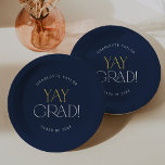 Assiettes En Carton Moderne Fete Marine Gold Yay Graduation<br><div class="desc">Ces plaques de papier de graduation en or gris de la marine moderne sont parfaites pour une simple fête de grad. Le design se compose d'élégantes typographies de boho avec une touche de style sophistiqué en bleu marine et or jaune. Personnalisez vos plaques de papier avec le nom de l'année...</div>