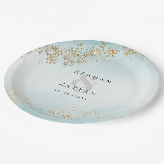 Assiettes En Carton Moderne Luxe Gold Flecks Turquoise Mist Mariage (Angle)