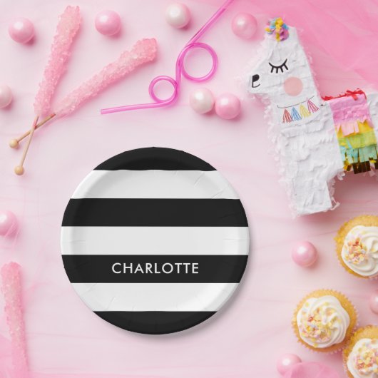 Assiettes En Carton Moderne Luxe noir et blanc rayures motif (Fête)