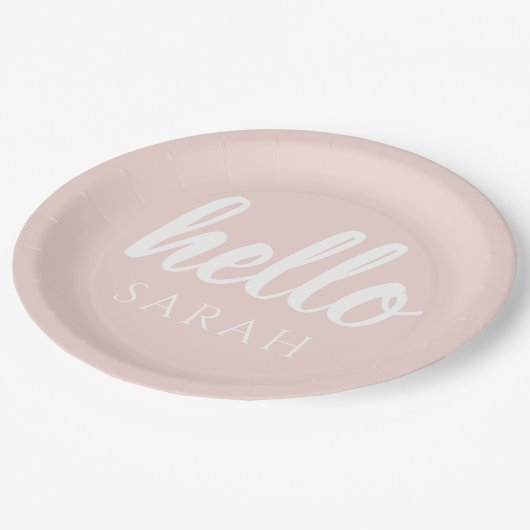 Assiettes En Carton Moderne Minimal Pastel Rose Bonjour Et Vous Nom (Angle)