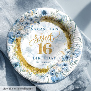 Assiettes En Carton Moderne Pastel Blue Sweet 16 Gold Parties scintill