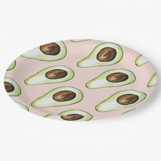 Assiettes En Carton Moderne Pastel Rose Et Vert Motif Avocado (Angle)