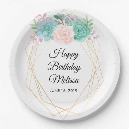 Assiettes En Carton Moderne rose et vert Succulents Aquarelle Annivers (Devant)