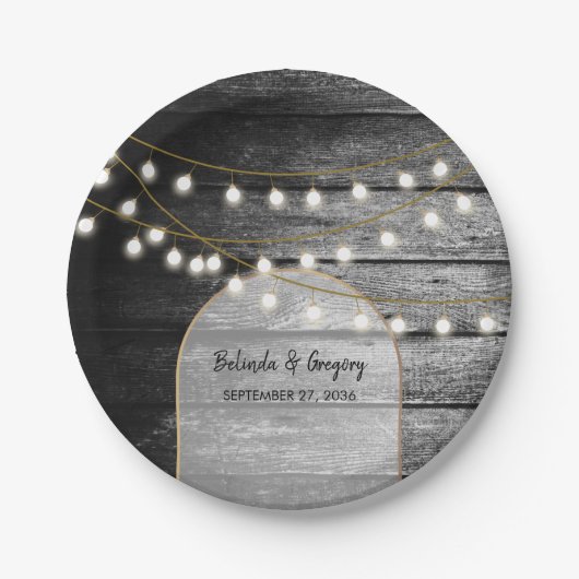 Assiettes En Carton Moderne Rustique Noir Bois Lumière Arc Mariage (Devant)