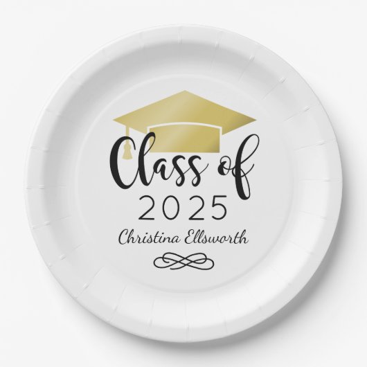 Assiettes En Carton Moderne Script Gold 2025 Graduation personnalisée (Devant)