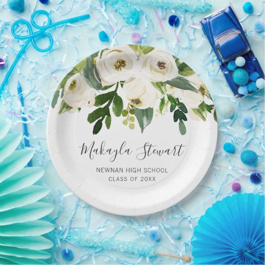 Assiettes En Carton Moderne Simple Blanc Floral Élégant Graduation (Fête)