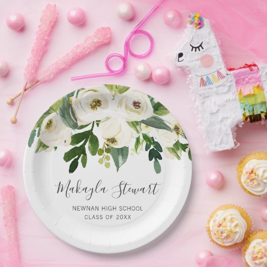 Assiettes En Carton Moderne Simple Blanc Floral Élégant Graduation (Fête)