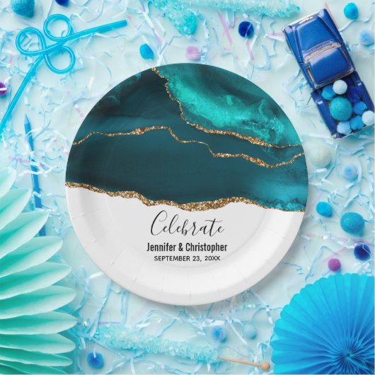 Assiettes En Carton Moderne Style Turquoise & Or Agate sur Mariage bla (Fête)