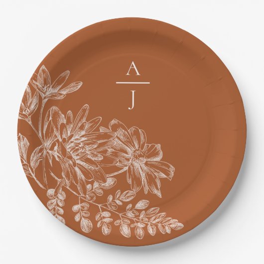 Assiettes En Carton Moderne Terra Cotta Monogramme Floral (Devant)