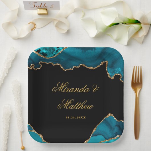 Assiettes En Carton Moderne Turquoise et doré Agate Mariage en pierre (Mariage)