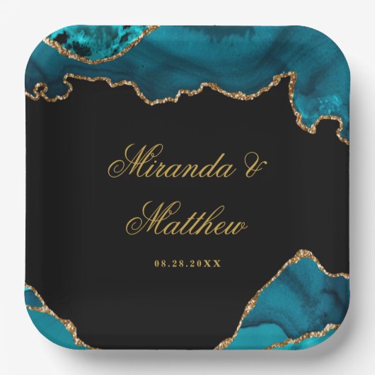 Assiettes En Carton Moderne Turquoise et doré Agate Mariage en pierre (Recto)