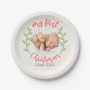 Assiettes En Carton Mon 1er Noël Baby Name PHOTO Wreath Holiday