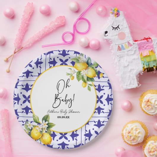 Assiettes En Carton Mon bébé ! Carrelage bleu méditerranéen Baby showe (Fête)