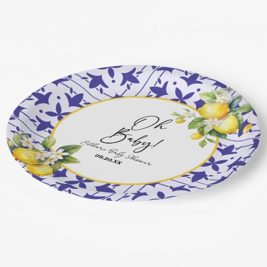 Assiettes En Carton Mon bébé ! Carrelage bleu méditerranéen Baby showe (Angle)