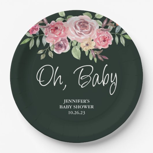 Assiettes En Carton Mon bébé Rose simple Baby shower vert radiant (Devant)