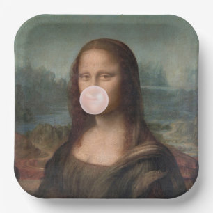 Assiettes En Carton Mona Lisa soufflant un bubble gum rose