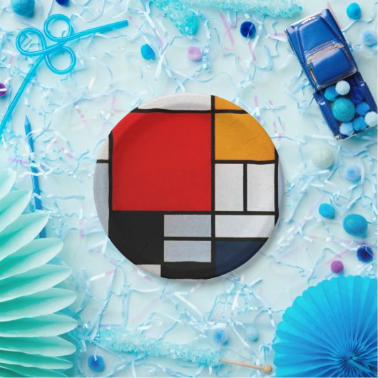 Assiettes En Carton Mondrian - Composition avec grand plan rouge (Fête)